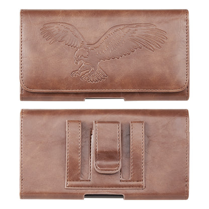 For Apple iPhone 16 Pro (6.3") Universal Horizontal Leather Phone Case with Embossed American Eagle Pouch Belt Clip Holster & Magnetic Pouch [Brown]