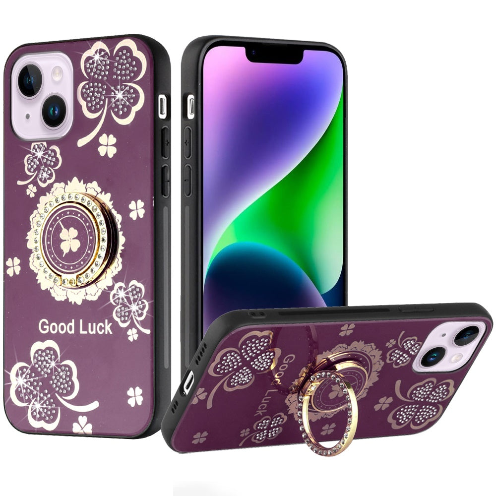 Phone Case for Apple iPhone 14 Diamond 3D Fashion Floral Glitter Engraved Luxury Bling Hybrid Shockproof Chrome Edge Protective Grip Cover Purple