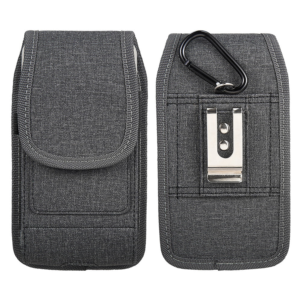 For Apple iPhone 16 Pro (6.3") Universal Vertical Fabric Case Holster with Dual Credit Card Slots, Belt Loop & Carabiner Carrying Phone Pouch [Black]