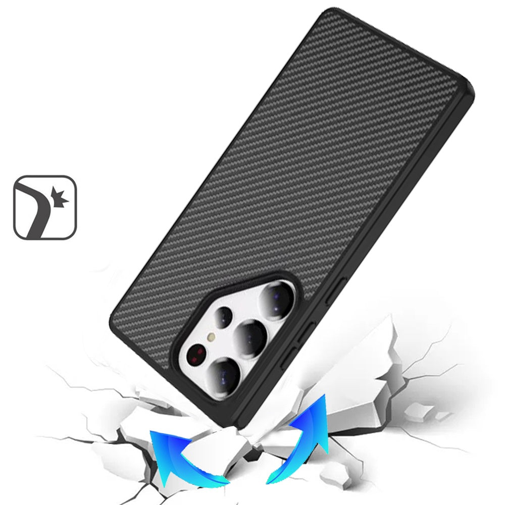 For Samsung Galaxy S25 Ultra Carbon Fiber Design with Magnetic HQ 2.0mm Thick Hybrid Shockproof Rubber Hard PC Case Cover Black