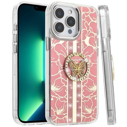 For Apple iPhone 14 Pro Max Diamonds 3D Butterfly Floral Design Bling Sparkly Glitter Hybrid Metal Fashion with Ring Stand Case Cover