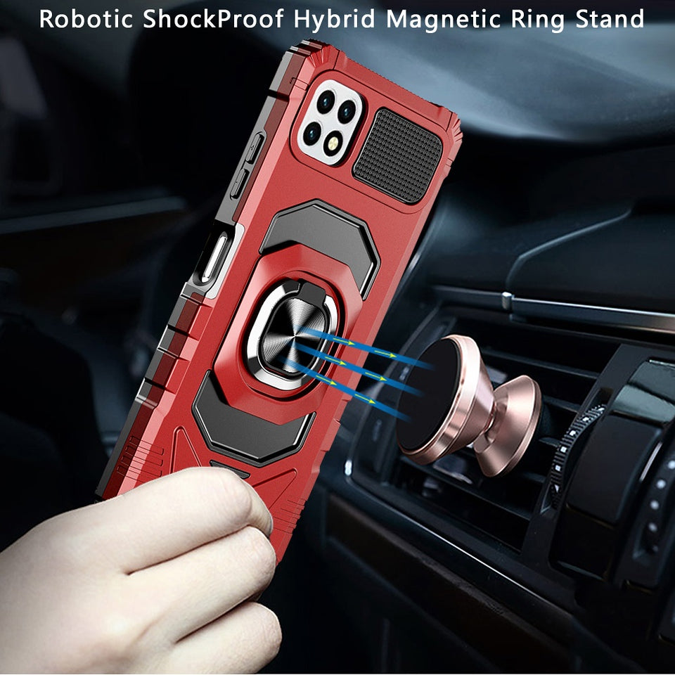 For Hybrid Dual Layer with 360° Rotate Magnetic Ring Stand Holder Kickstand TPU Rugged PC Shockproof Red Tablet Case Cover