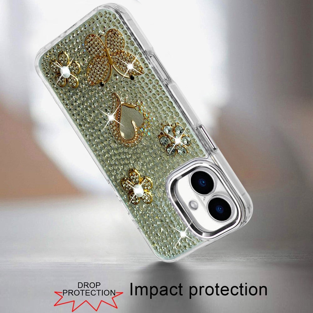 Phone Case for Apple iPhone 16 Luxury Crystal Butterfly Floral Jeweled Heart Full Diamond Design, Sparkling Decorative Details, Elegant Style Cover Silver