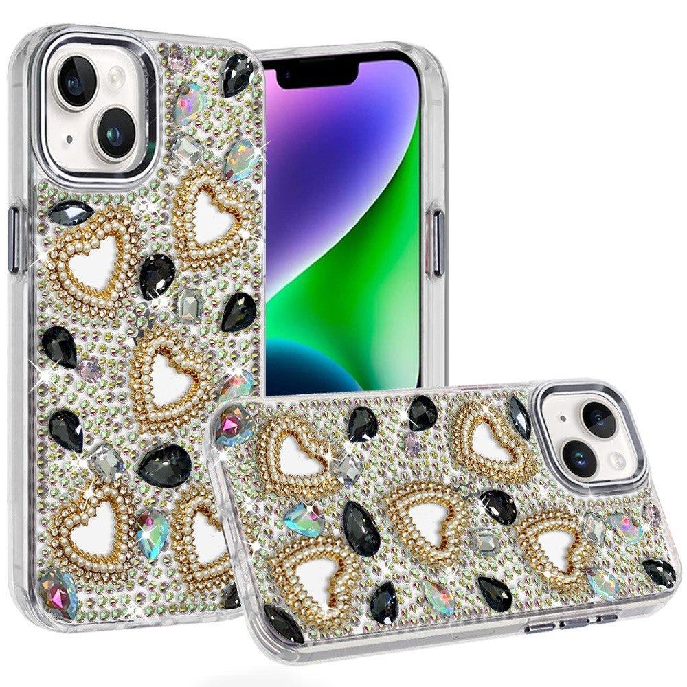 Phone Case for Apple iPhone 14 Luxury Crystal Heart Rhinestone Diamond Bling Shockproof Hybrid Glitter Protective Stylish Durable Grip Cover