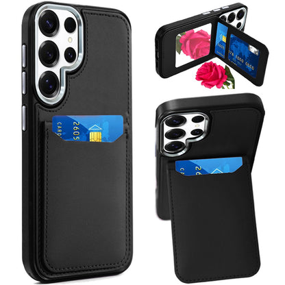 For Apple iPhone 15 PU Leather Wallet Cover with Credit Card Holder, Kickstand & Mirror Inside Slim Fit TPU & PC Hybrid Design Case Cover