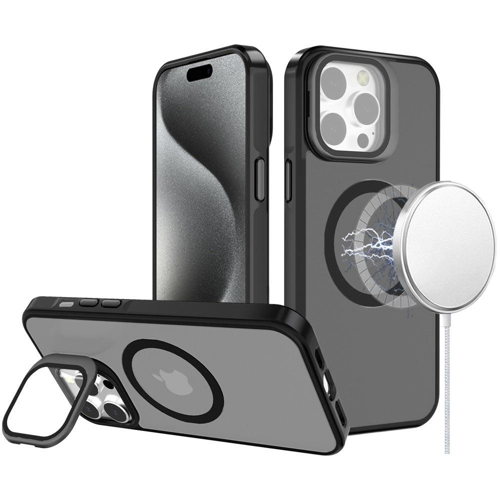 For Apple iPhone 11 Pro Max Tough HQ Hybrid Case with Aluminum Frame Camera Stand, Compatible with MagSafe, Translucent Matte Shockproof Case Cover Black