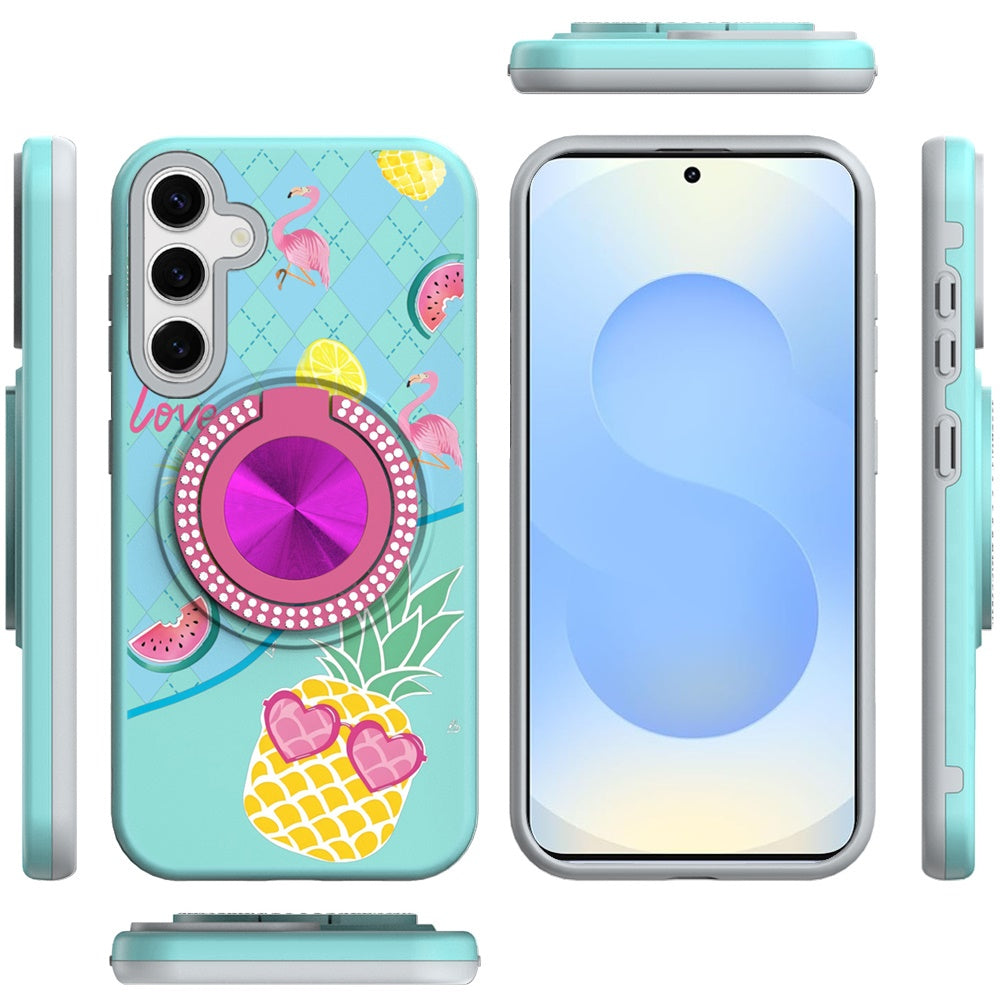 For Samsung Galaxy S25 /S24 Pattern Design Hybrid with Invisible Ring Stand & Magnetic Back, Shockproof Protective Grip Case Cover