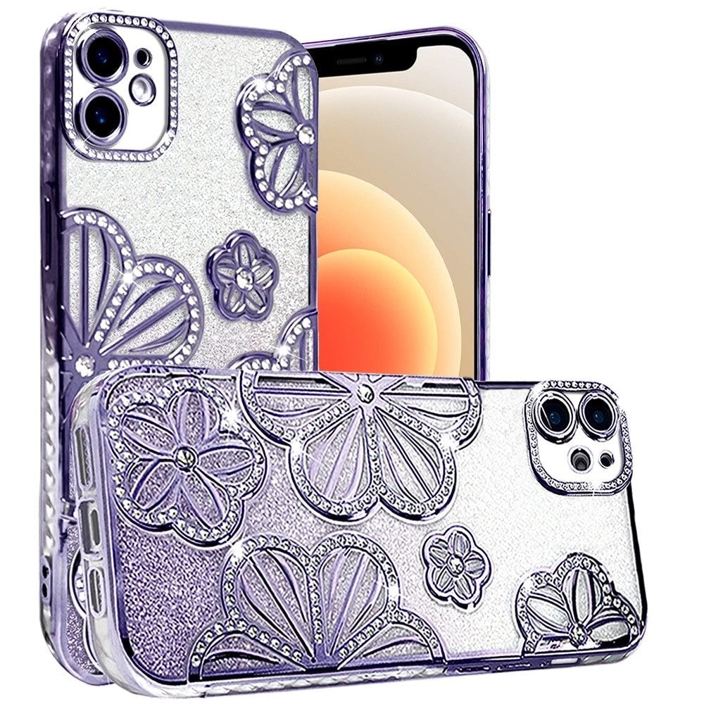 For iPhone 12 / iPhone 12 Pro (6.1") Luxury Flower Design Sparkle Glitter Diamond Rhinestone Shimmer Bling Plating Thick TPU Hard PC Case Cover