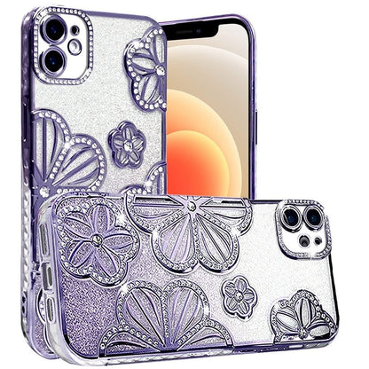 For iPhone 12 / iPhone 12 Pro (6.1") Luxury Flower Design Sparkle Glitter Diamond Rhinestone Shimmer Bling Plating Thick TPU Hard PC Case Cover