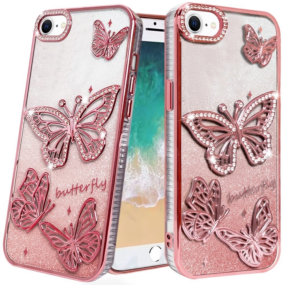 For Apple iPhone 17E /16E Luxury Butterfly Sparkle Glitter Diamond Crystal Rhinestone Shimmer Bling Plating Thick TPU Hard PC Case Cover Rose Gold