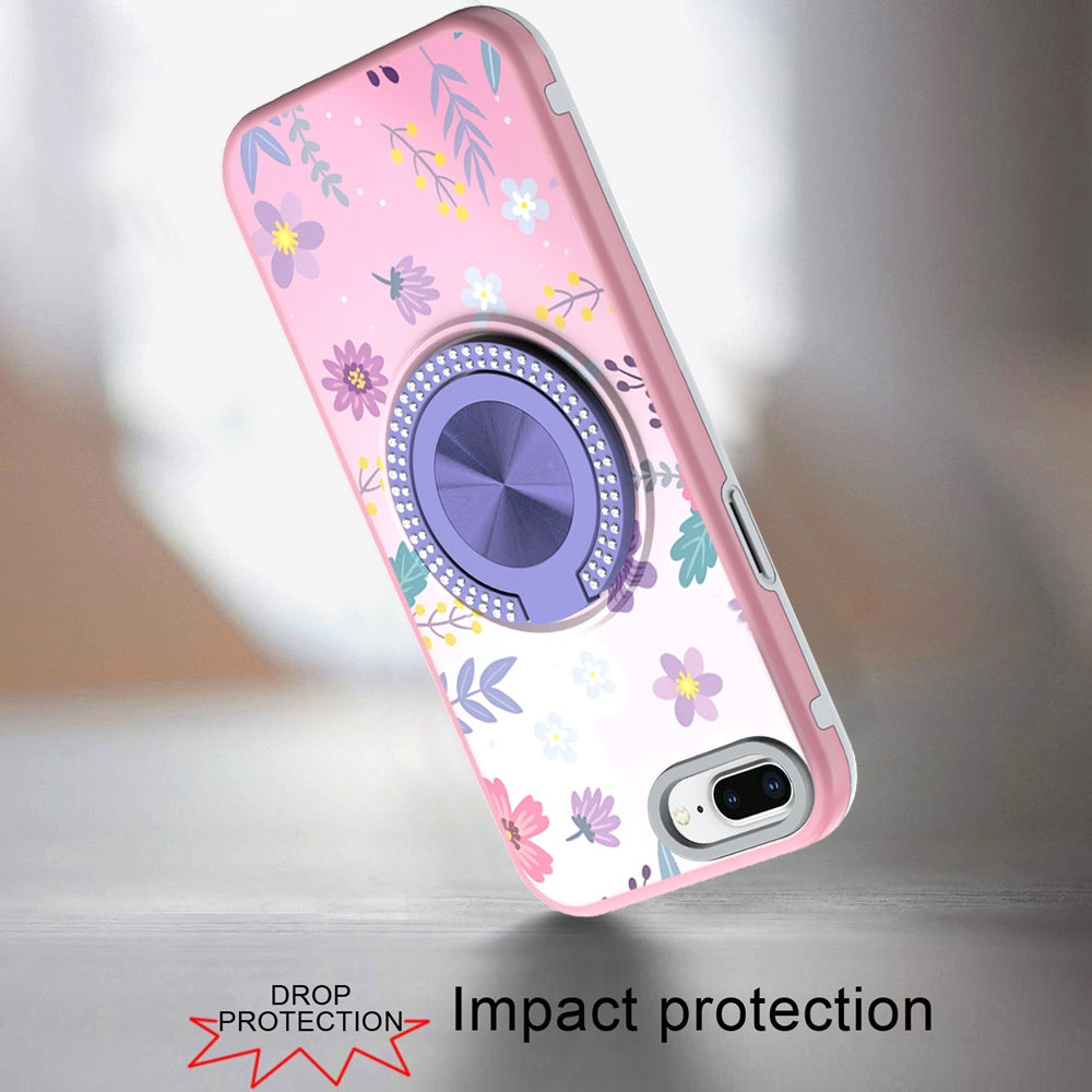 For iPhone 8 Plus / iPhone 7 Plus Pattern Design Hybrid with Invisible Ring Stand & Magnetic Back, Shockproof Protective Grip Case Cover