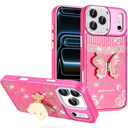 Phone Case for Apple iPhone 17 Pro Max Glitter Bling Butterfly Stand Metallic Edge Hybrid Shockproof Grip Durable Camera Protection Stylish Design Cover Hotpink