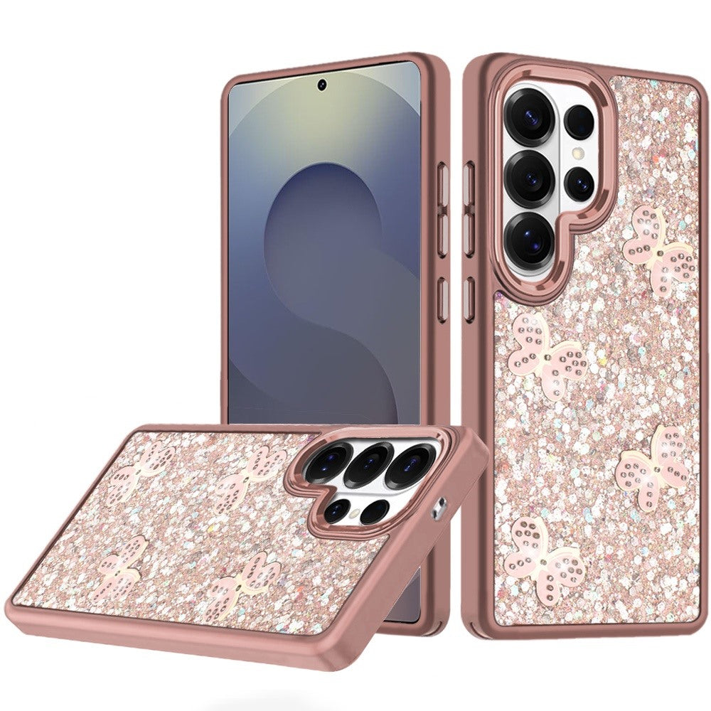 For Samsung Galaxy S25 Ultra Cute Butterfly Crystal Diamond Glitter Case Sparkle Bling Frame Metallic Edges, Shimmer TPU Hybrid Case Cover Teal