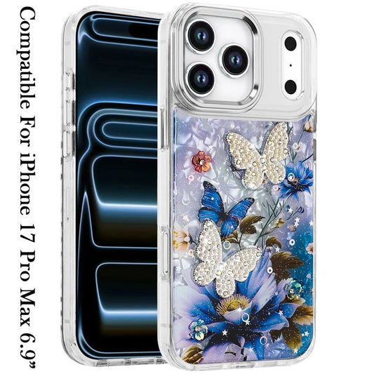 Phone Case for Apple iPhone 17 Pro Max Glitter Butterfly Design Metal Buttons Shockproof Hybrid Anti Scratch Durable Protective Slim Grip Stylish Cover