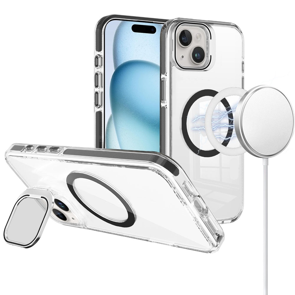 For Apple iPhone 16 Pro (6.3") Built-in Camera Kick-Stand, Compatible with MagSafe, Transparent Colorful Edged Tough Hybrid TPU Case Cover Clear Black