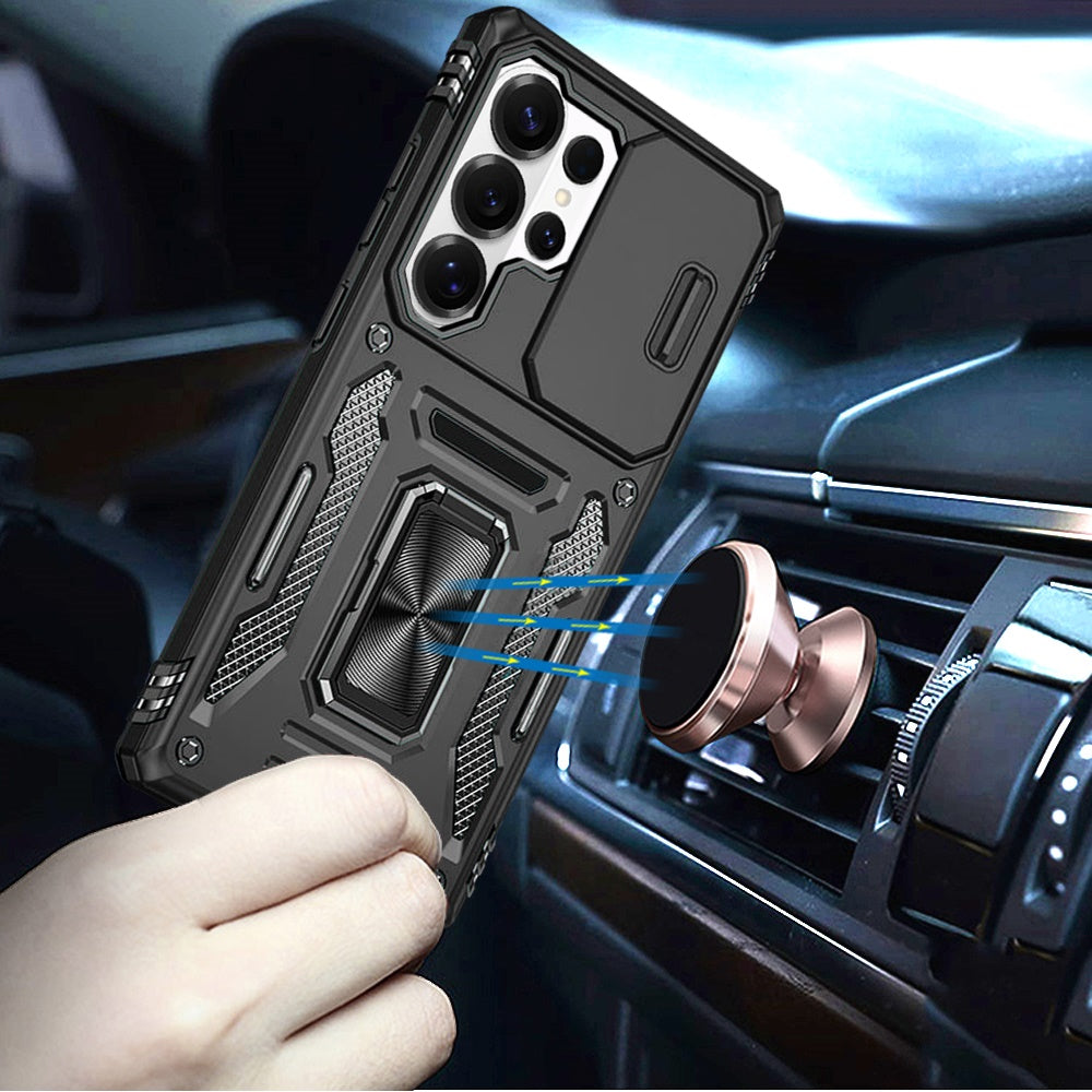 For Samsung Galaxy S26 Ultra Tough Hybrid Case with Movable Camera Window & Metal Ring Stand Shockproof Case Cover