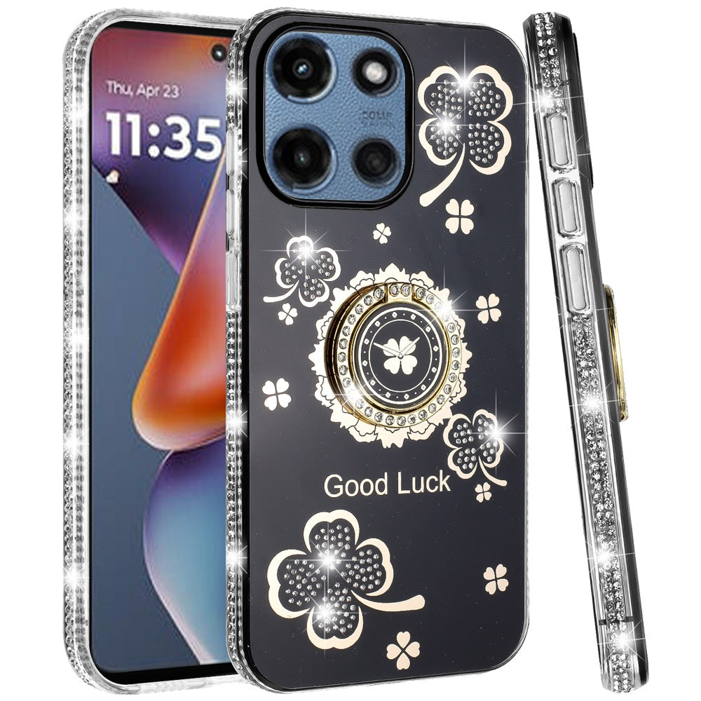 For Motorola Moto G 5G 2025 Diamonds Bling All Around Edges Sparkly Glitter Hybrid with Ring Stand Holder Fashion Good Luck Case Cover