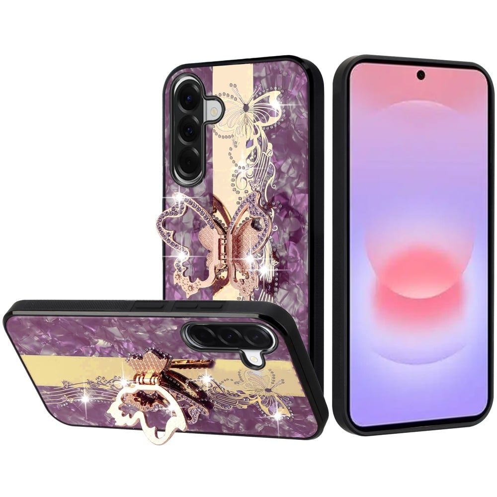 Phone Case for Samsung Galaxy A37 / A36 Diamond 3D Fashion Floral Glitter Engraved Luxury Bling Hybrid Shockproof Chrome Edge Protective Grip Cover Purple