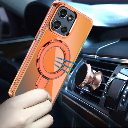 For Motorola Moto G 5G 2026/2025 Chrome Hybrid with Rotating Magnetic Circle Ring Stand, Slim Shockproof Hybrid Case Cover Cosmic Orange