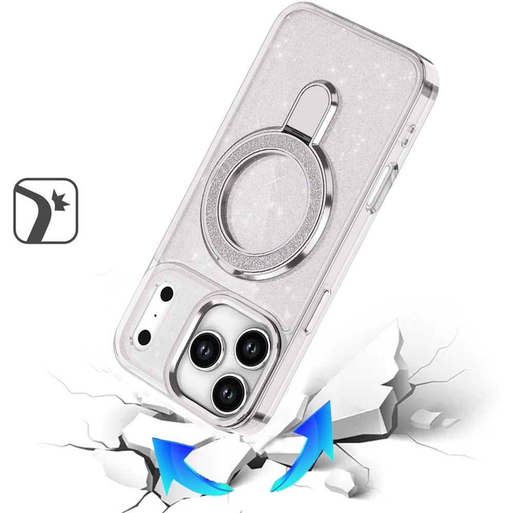 For Apple iPhone 17 Pro (6.3") Transparent Glitter Bling Case with Rotating Magnetic Ring Stand, Shockproof Hybrid Case Cover