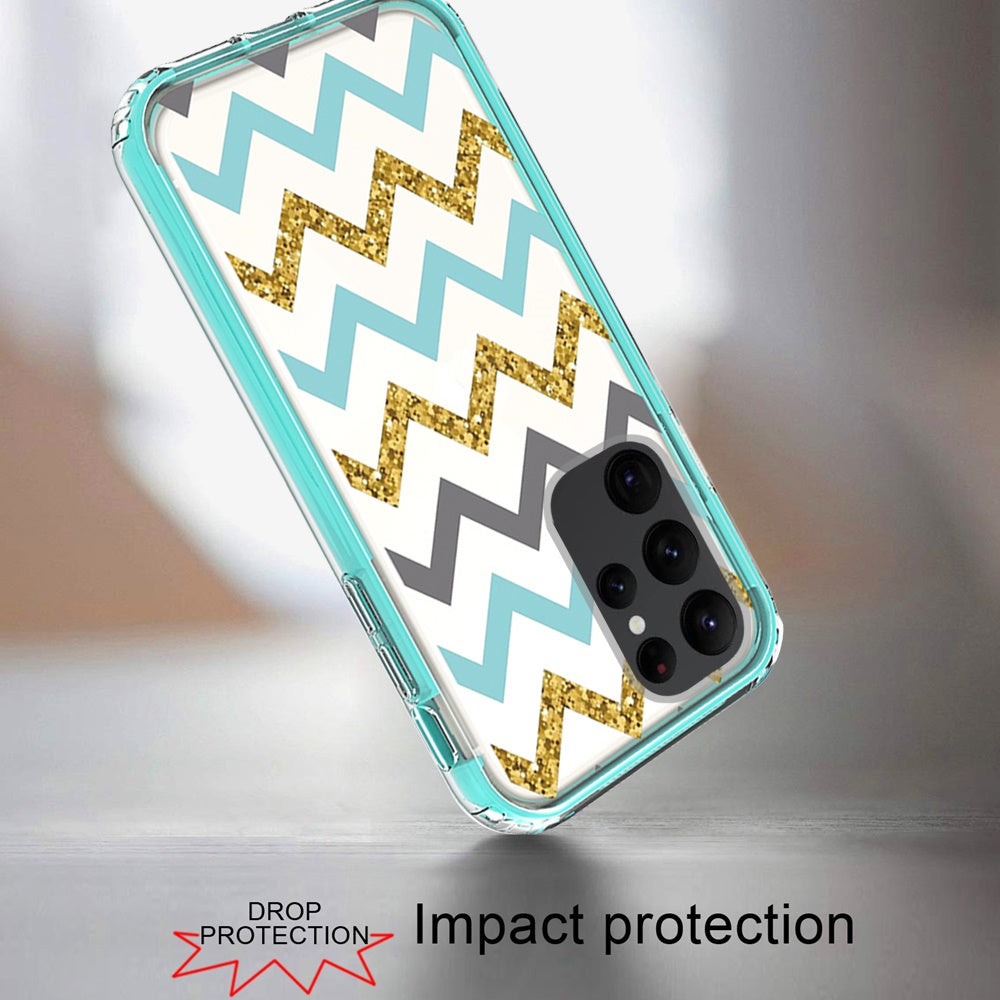 For Samsung Galaxy S23+ / S23 Plus Beautiful Design Hybrid Shockproof Protection Durable Grip Stylish Finish Hrad PC + TPU Case Cover Teal Chevron
