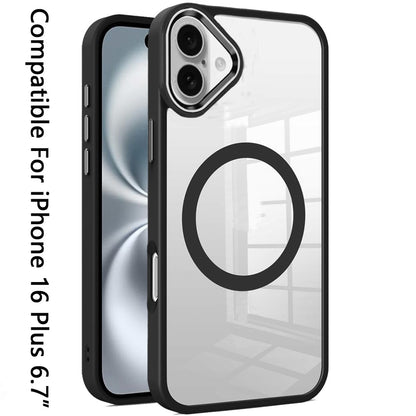 Phone Case for Apple iPhone 16 Plus Clear Acrylic Magnetic Circle Shockproof Hybrid Metal Button TPU Drop Protection Rugged Slim Durable Armor Cover Black