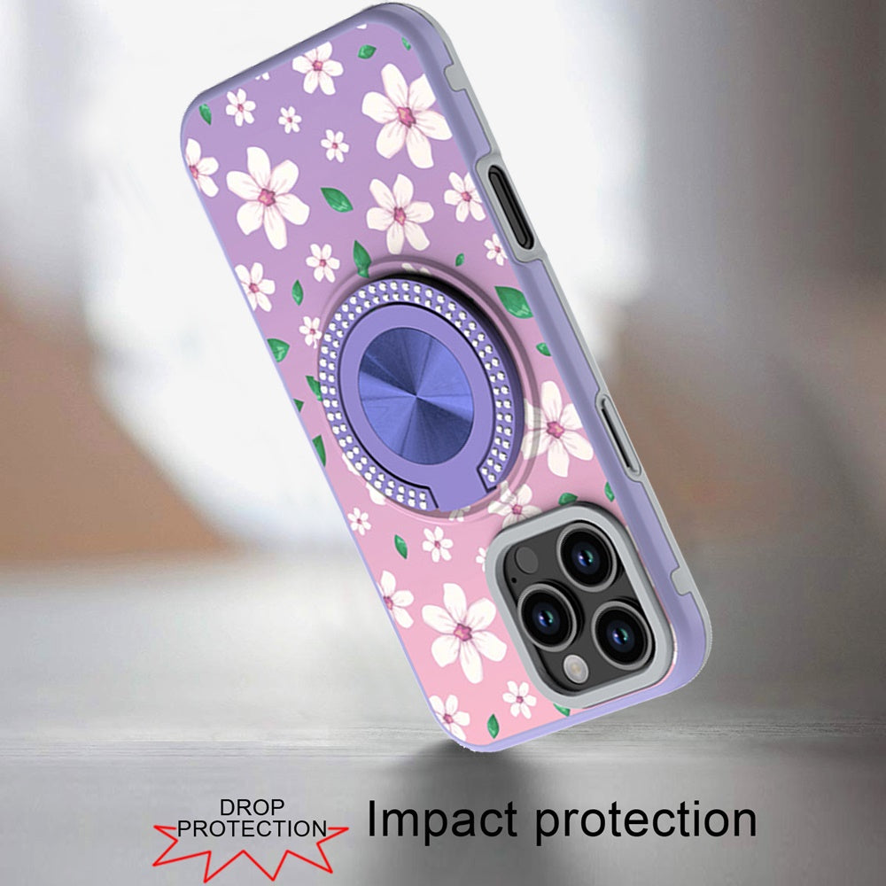 For iPhone 16 Pro Max (6.9") Pattern Design Hybrid with Invisible Ring Stand & Magnetic Back, Shockproof Protective Grip Case Cover