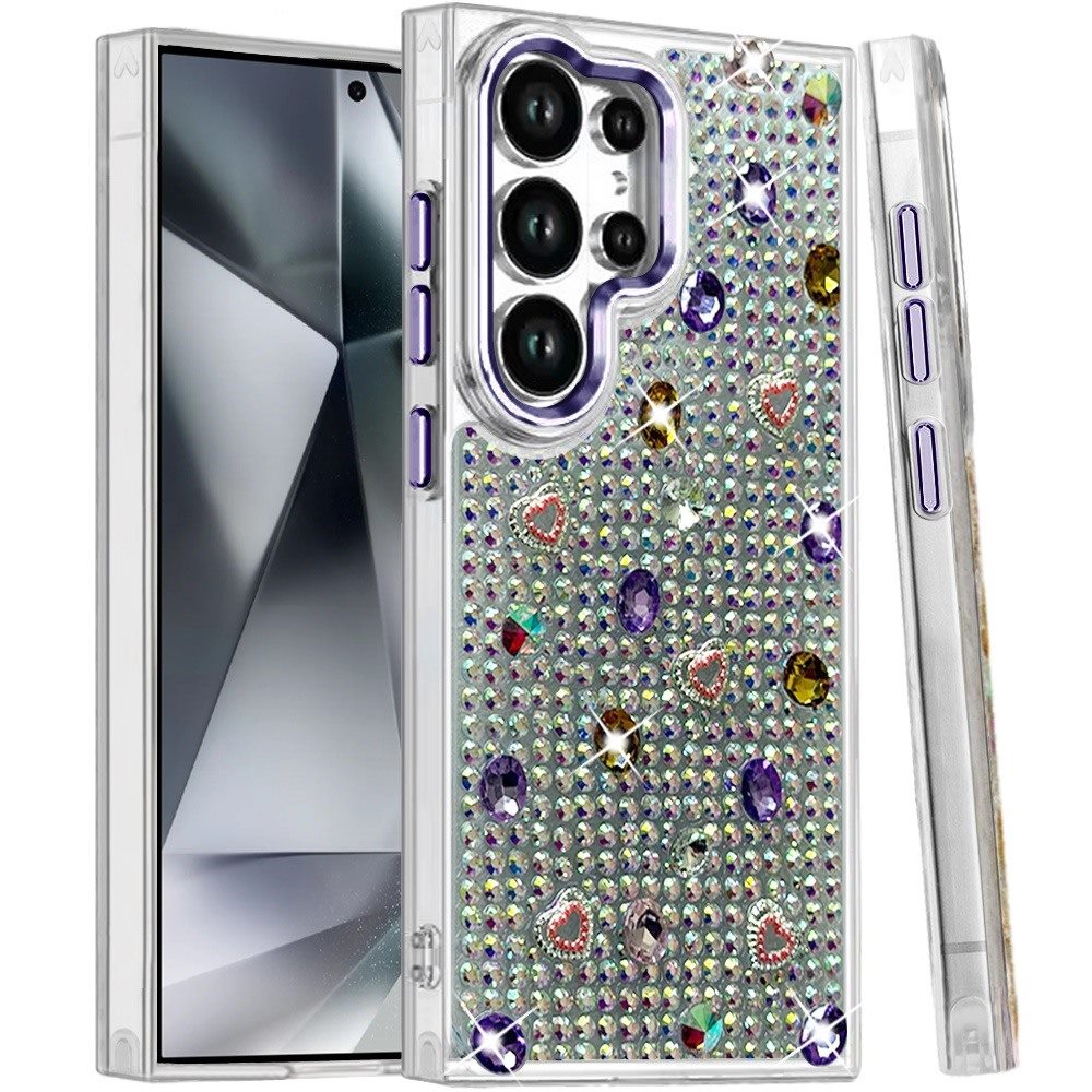 Phone Case for Samsung Galaxy S24 Ultra Chrome Fashion Hybrid Bling Diamond Heart Rhinestone Decorative Stones Sparkling Embellished Design Cover