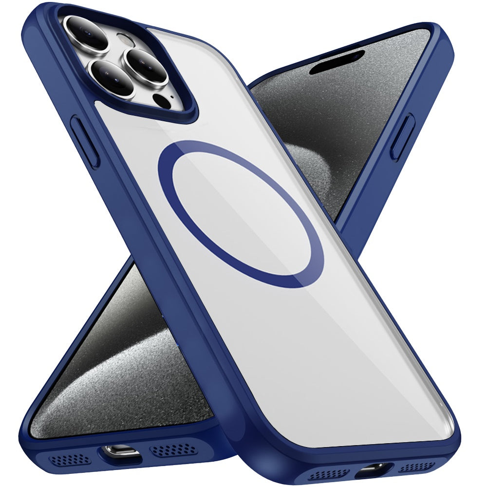 Phone Case for Apple iPhone 15 Pro Transparent Magnetic HQ Shockproof Hybrid 2.0mm Thick AntiSlip Grip Drop Protection Rugged Clear Durable Impact Cover Navy Blue