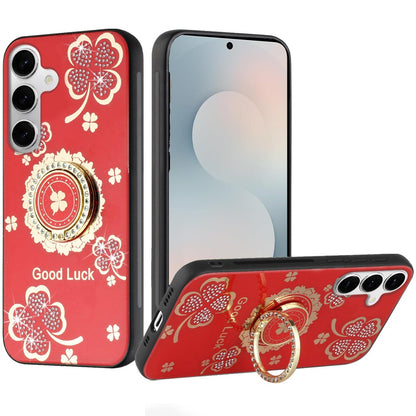 Phone Case for Samsung Galaxy S25 FE, S25 Fan Edition Diamond 3D Fashion Floral Glitter Engraved Luxury Bling Hybrid Shockproof Chrome Edge Protective Grip Cover Good Luck Floral Red