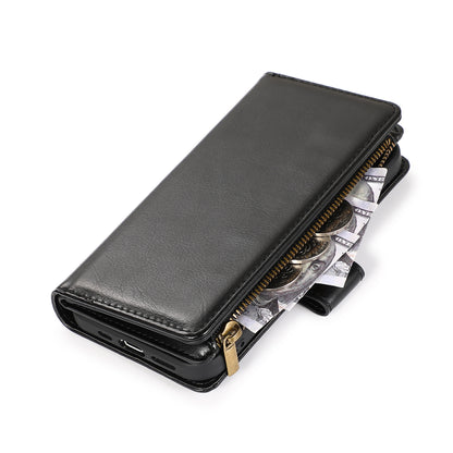 For T-Mobile Revvl 7 5G Leather Zipper Wallet Case 9 Credit Card Slots Cash Money Pocket Clutch Pouch Stand & Strap Case Cover Black