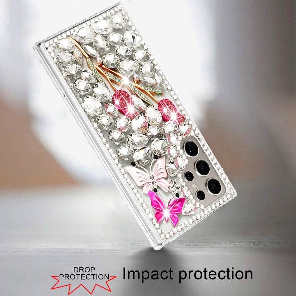 Phone Case for Samsung Galaxy S23 Ultra Luxury Full Diamond Glitter 3D Floral Ornament Hybrid Shockproof Stylish Rhinestone Designer Protective Elegant Cover