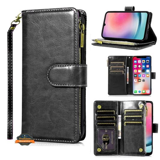 Phone Case for Samsung Galaxy A25 5G Luxury Leather Wallet Card Holder Zipper Pocket Money Storage Protective Grip Design with Strap Cover Black