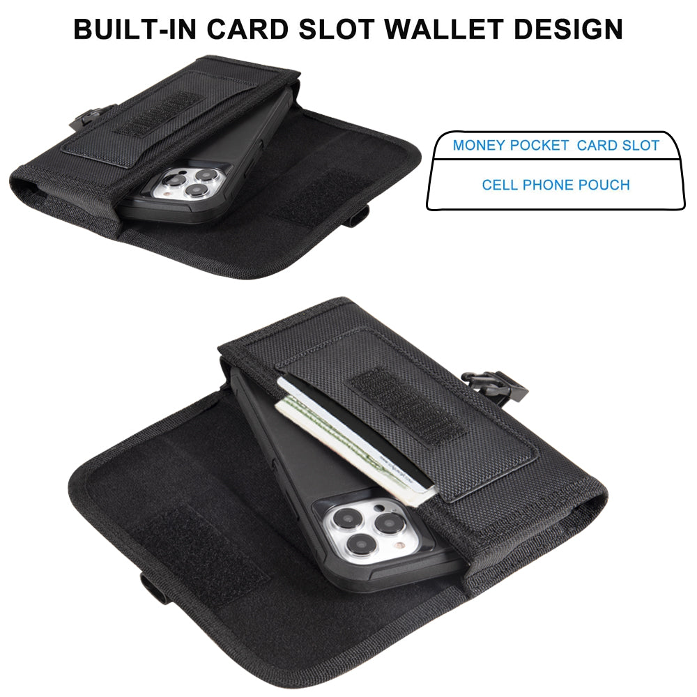 For Apple iPhone 16 Pro (6.3") Universal Pouch Case Horizontal Phone Holster Nylon Cover with Front Buckle, Belt Clip Loop & Hook Carabiner Large [Black]