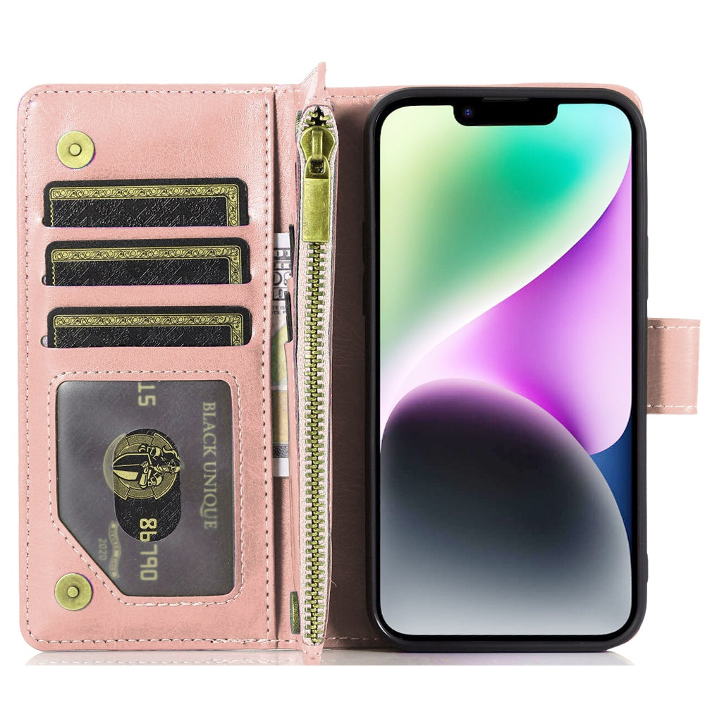 For Apple iPhone 16e Leather Wallet Case with Zipper, 9 Card Slots, Cash Pocket, Stand & Strap, Clutch Pouch Design Case Cover Rose Gold