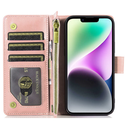 For Apple iPhone 16e Leather Wallet Case with Zipper, 9 Card Slots, Cash Pocket, Stand & Strap, Clutch Pouch Design Case Cover Rose Gold