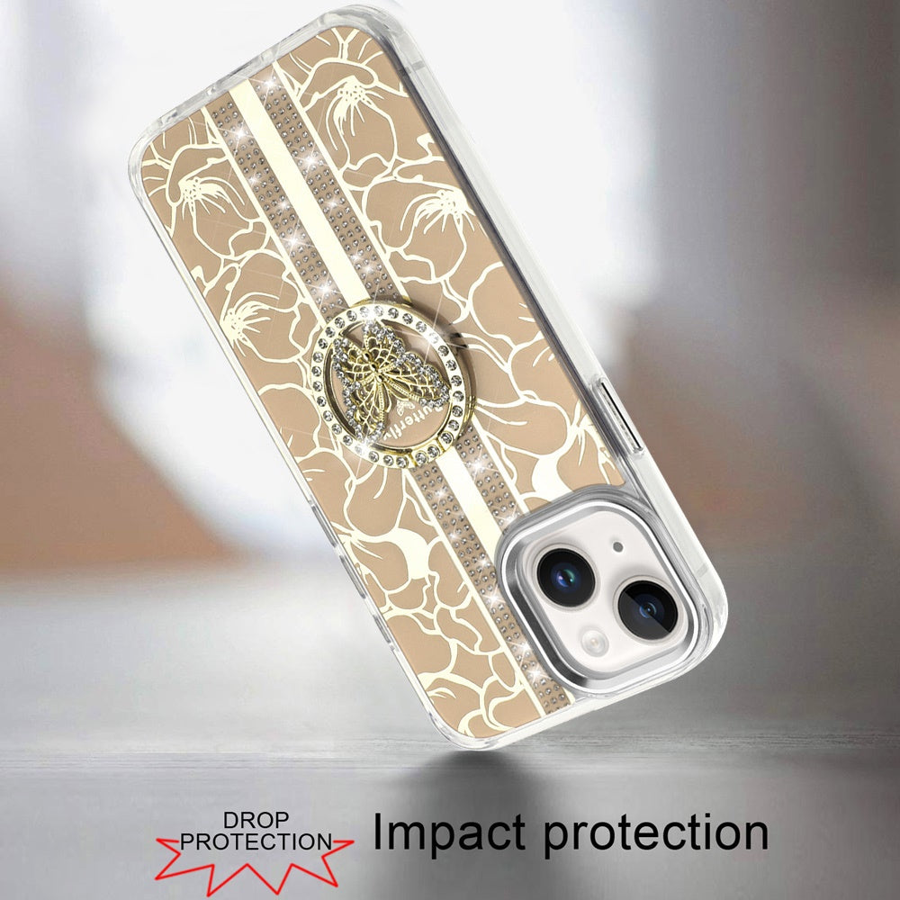 Phone Case for Apple iPhone 14 /iPhone 13 Floral Butterfly Ring Stand Glitter Bling Shockproof Hybrid Luxury Fashion Protective Anti Slip Durable Grip Cover