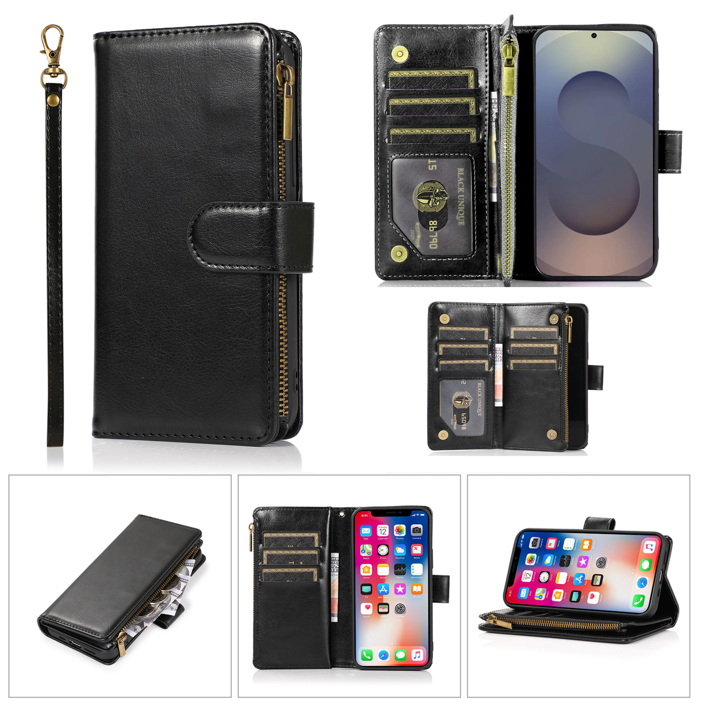 Phone Case for Google Pixel 11 Pro XL Luxury Leather Wallet Card Holder Zipper Pocket Money Storage Protective Grip Design with Strap Cover
