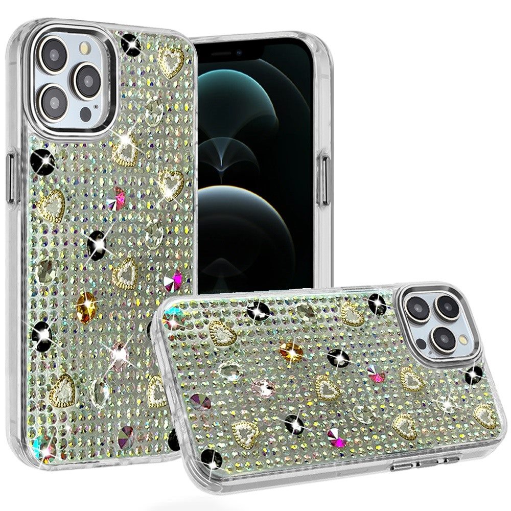 Phone Case for Apple iPhone 12 Pro Max Chrome Fashion Hybrid Bling Diamond Heart Rhinestone Decorative Stones Sparkling Embellished Design Cover