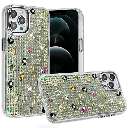 Phone Case for Apple iPhone 12 Pro Max Chrome Fashion Hybrid Bling Diamond Heart Rhinestone Decorative Stones Sparkling Embellished Design Cover