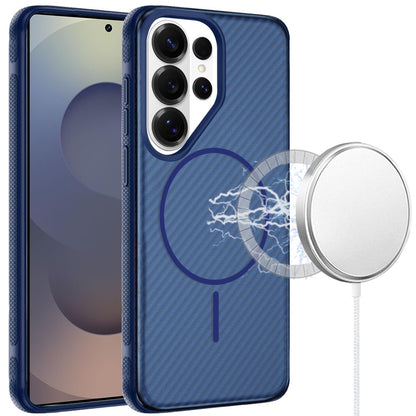 For Samsung Galaxy S26 Ultra Thick Carbon Design Magnetic Hybrid Drop Protection with Metallic Buttons & MagSafe Compatible Case Cover Blue