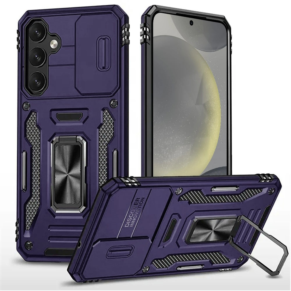 For Samsung Galaxy S25 Ultra Tough Hybrid Case with Movable Camera Window & Metal Ring Stand Shockproof Case Cover