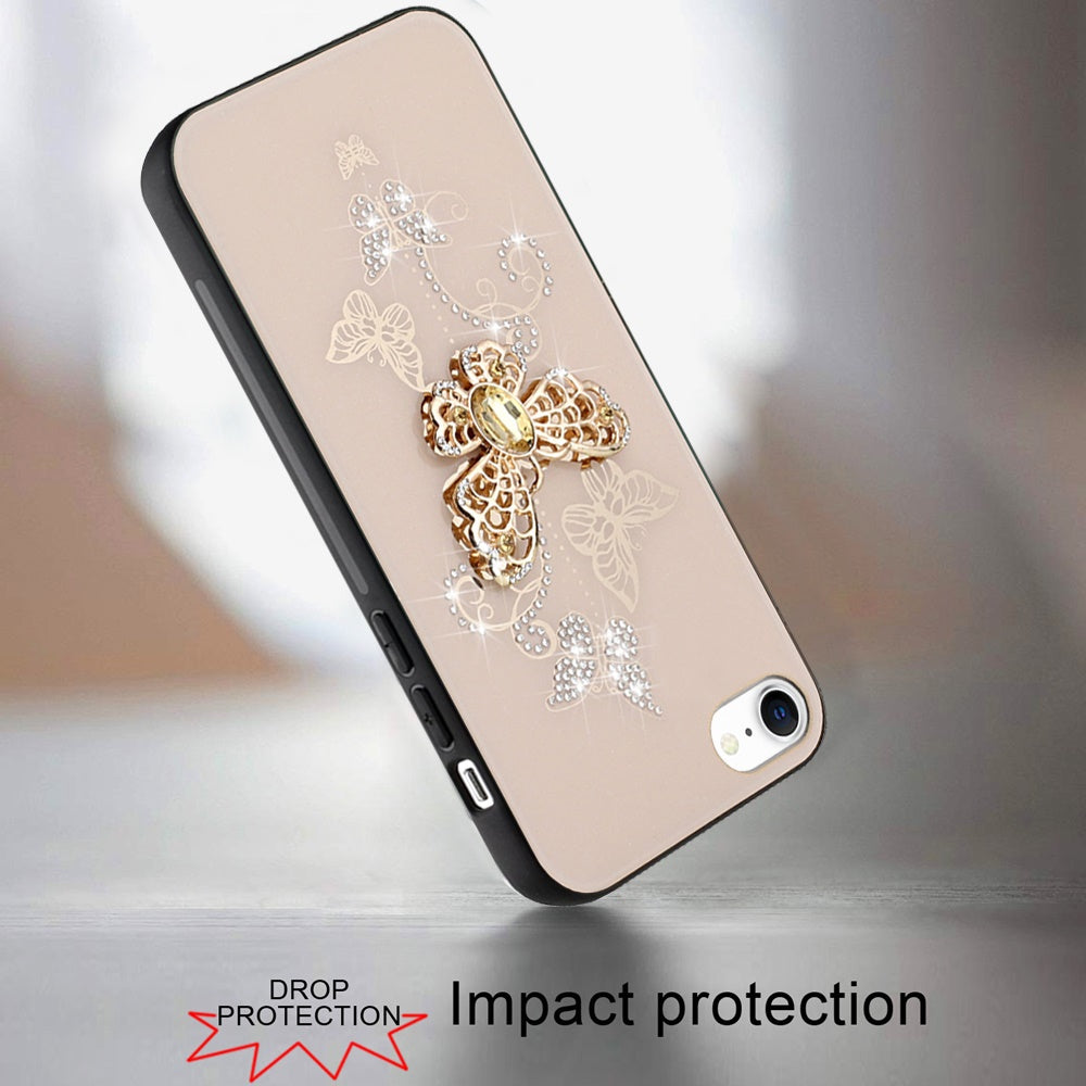 For Apple iPhone 16e Diamonds 3D Butterfly Bling Sparkly Glitter Ornaments Engraving Hybrid Metal Fashion Case Cover Gold Garden Butterflies