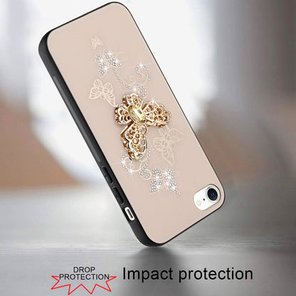 For Apple iPhone 16e Diamonds 3D Butterfly Bling Sparkly Glitter Ornaments Engraving Hybrid Metal Fashion Case Cover Gold Garden Butterflies