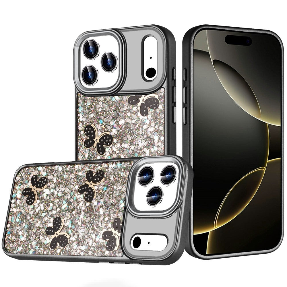 For Apple iPhone 17 Pro Max (6.9") Cute Butterfly Crystal Diamond Glitter Case Sparkle Bling Frame Metallic Edges, Shimmer TPU Hybrid Case Cover