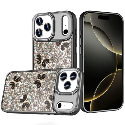 For Apple iPhone 17 Pro Max (6.9") Cute Butterfly Crystal Diamond Glitter Case Sparkle Bling Frame Metallic Edges, Shimmer TPU Hybrid Case Cover