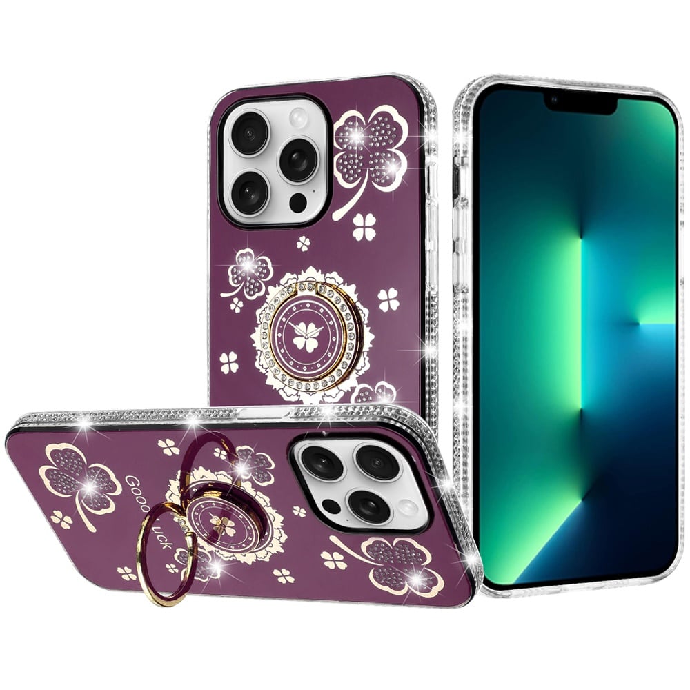 Phone Case for Apple iPhone 13 Pro Max Glitter Diamond Ring Stand Sparkle Rhinestone Edge AntiSlip Kickstand Luxury Fashion Bumper Shockproof Cover Red