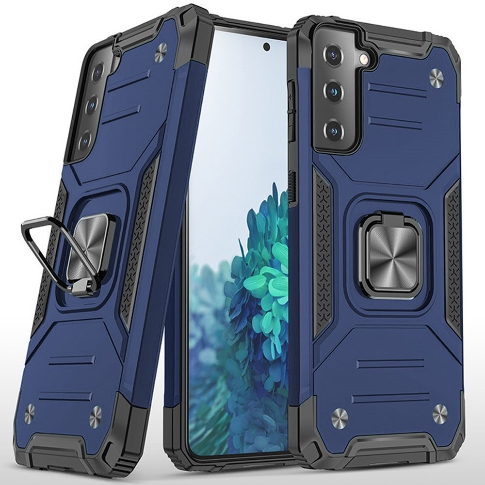For Samsung Galaxy S21 FE /Fan Edition Armor Hybrid Magnetic Stand with Ring Holder Kickstand Shockproof Heavy-Duty Durable Rugged TPU Dual Layer Case Cover Blue