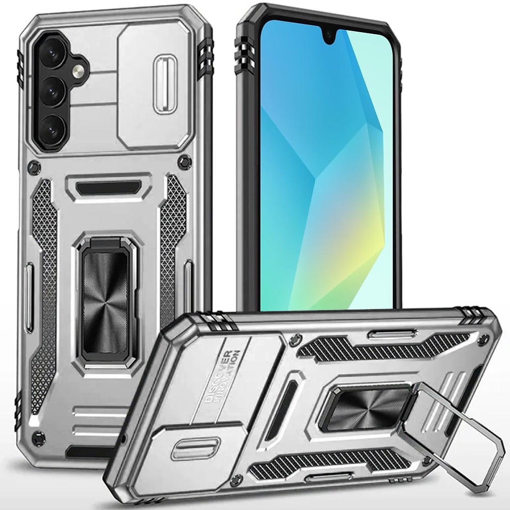 For Samsung Galaxy A16 5G Tough Hybrid Case with Movable Camera Window & Metal Ring Stand Shockproof Case Cover Silver