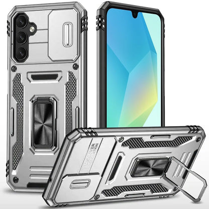 For Samsung Galaxy A16 5G Tough Hybrid Case with Movable Camera Window & Metal Ring Stand Shockproof Case Cover Silver